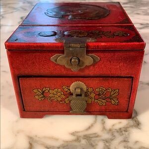 Antique/ Vintage Chinese Leather Wood Flip up Travel Shaving Mirror Jewelry Box